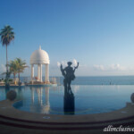 View of the quiet pool from outside the lobby
