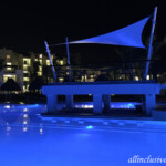 Night shot of the main pool