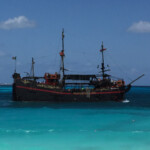 Jolly Roger Pirate Ship sailing past the resort