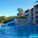 Children's waterslides in the distance Hotel Xcaret Mexico children's waterslides