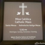 Announcement for Catholic Mass held over in the chapel at the Colonial Barcelo Maya Colonial chapel info